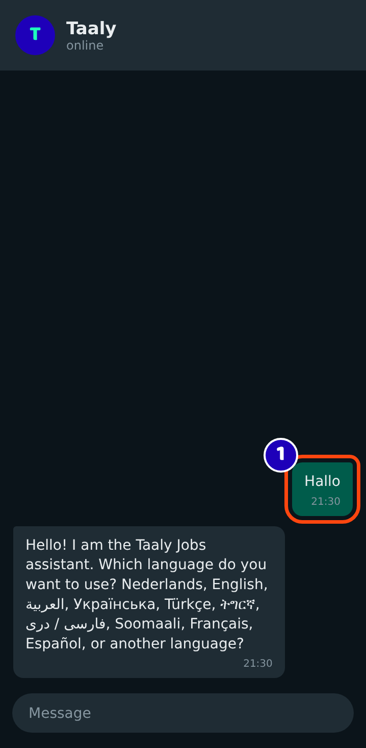 Sending Hallo to the Taaly Jobs assistant on WhatsApp