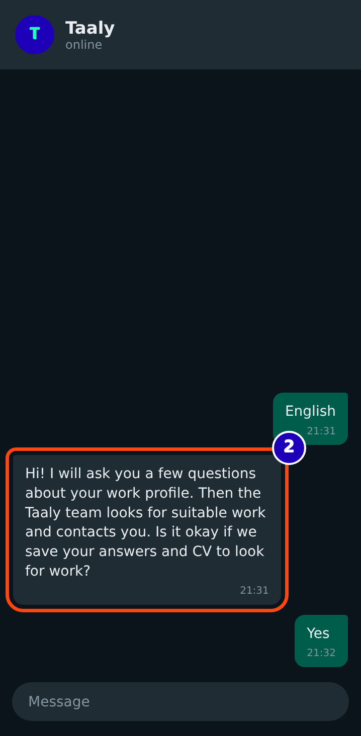 The assistant asks permission to save your answers and CV