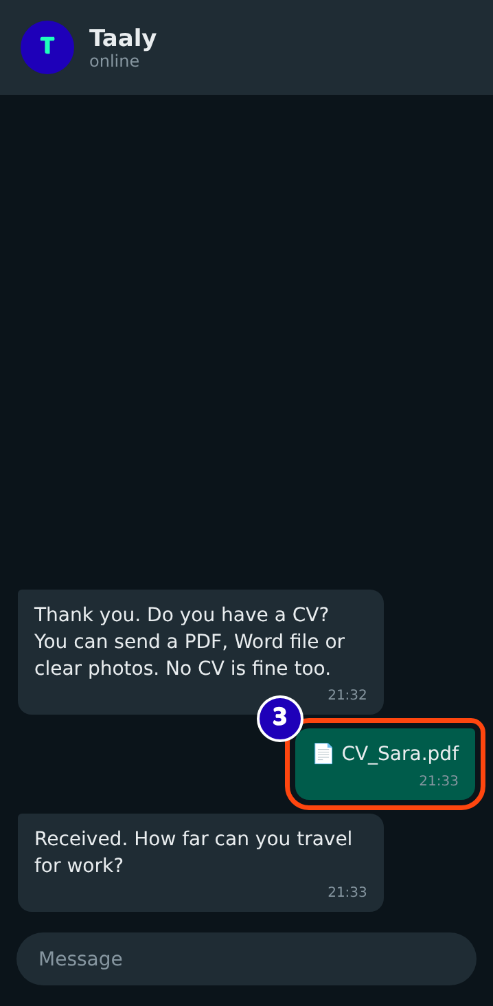 Sending a CV as a PDF file in the WhatsApp conversation