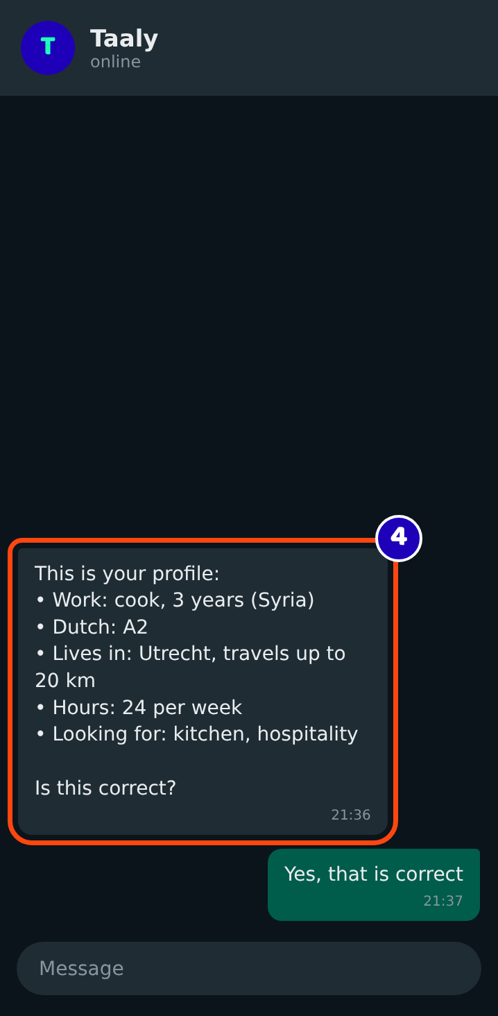 The assistant shows the work profile and asks if it is correct