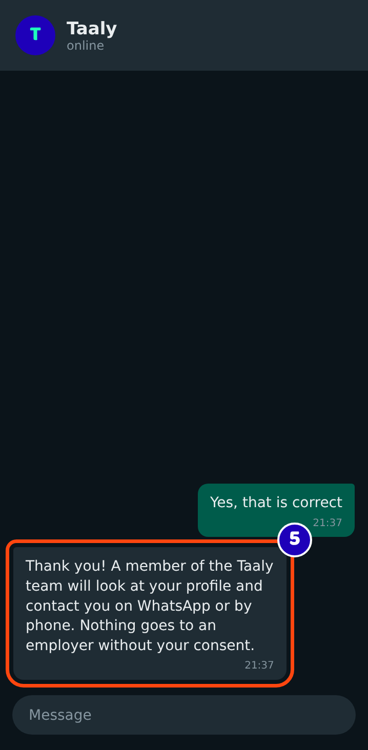 The assistant confirms that a member of the Taaly team will contact you