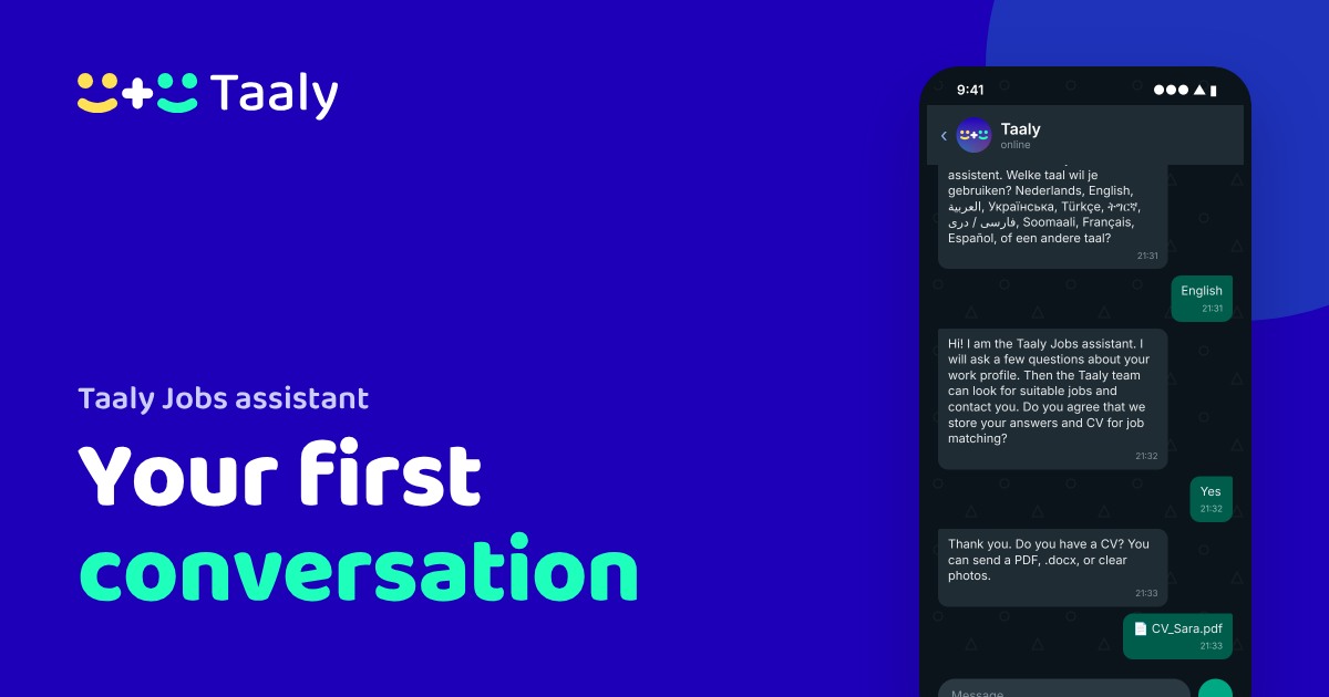 Your first conversation with the Taaly Jobs assistant on WhatsApp