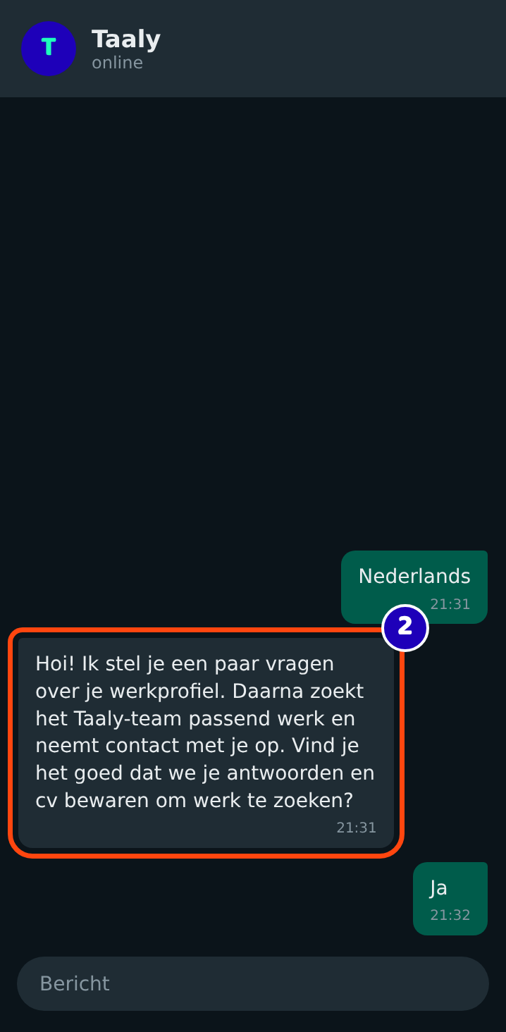De assistent vraagt toestemming om je antwoorden en cv te bewaren