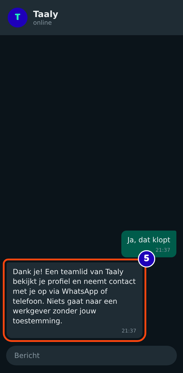 De assistent bevestigt dat een teamlid van Taaly contact opneemt
