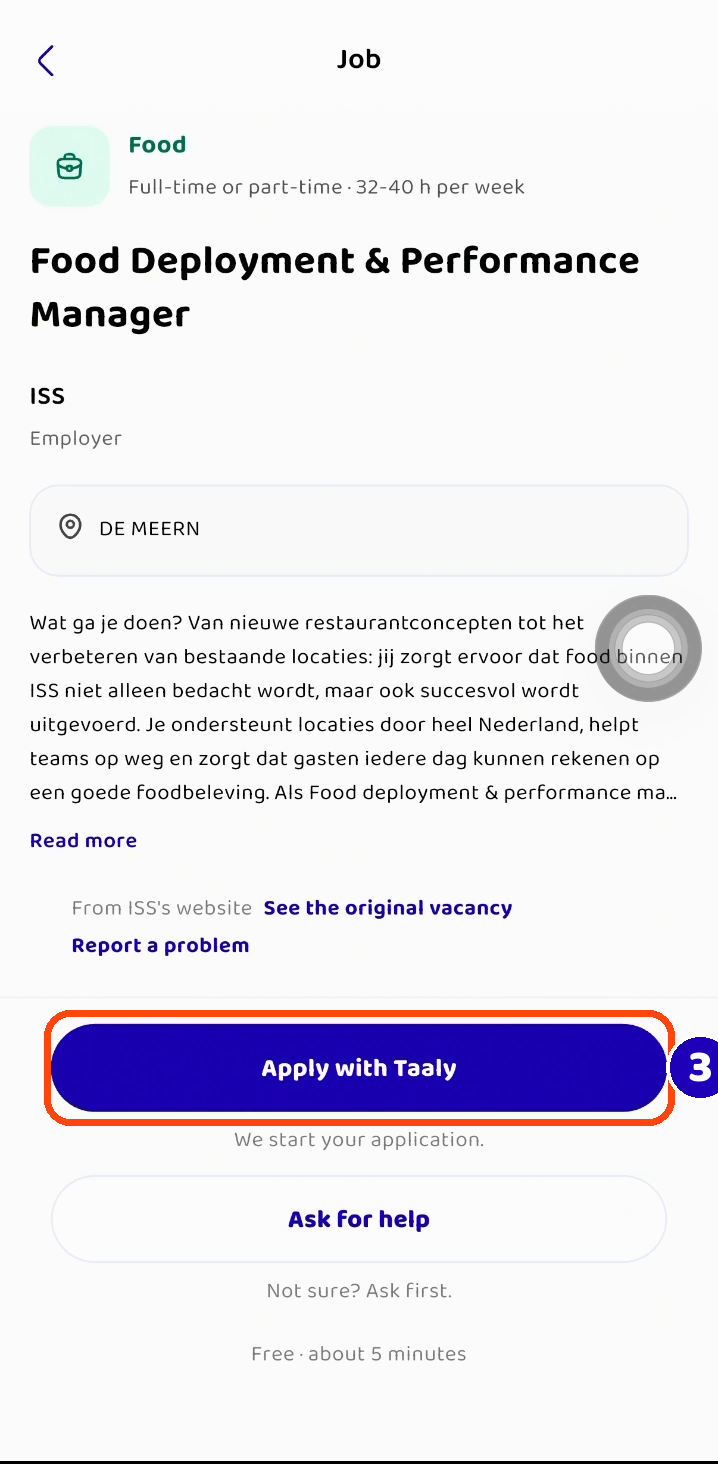 Een vacaturepagina met de knop Apply with Taaly gemarkeerd