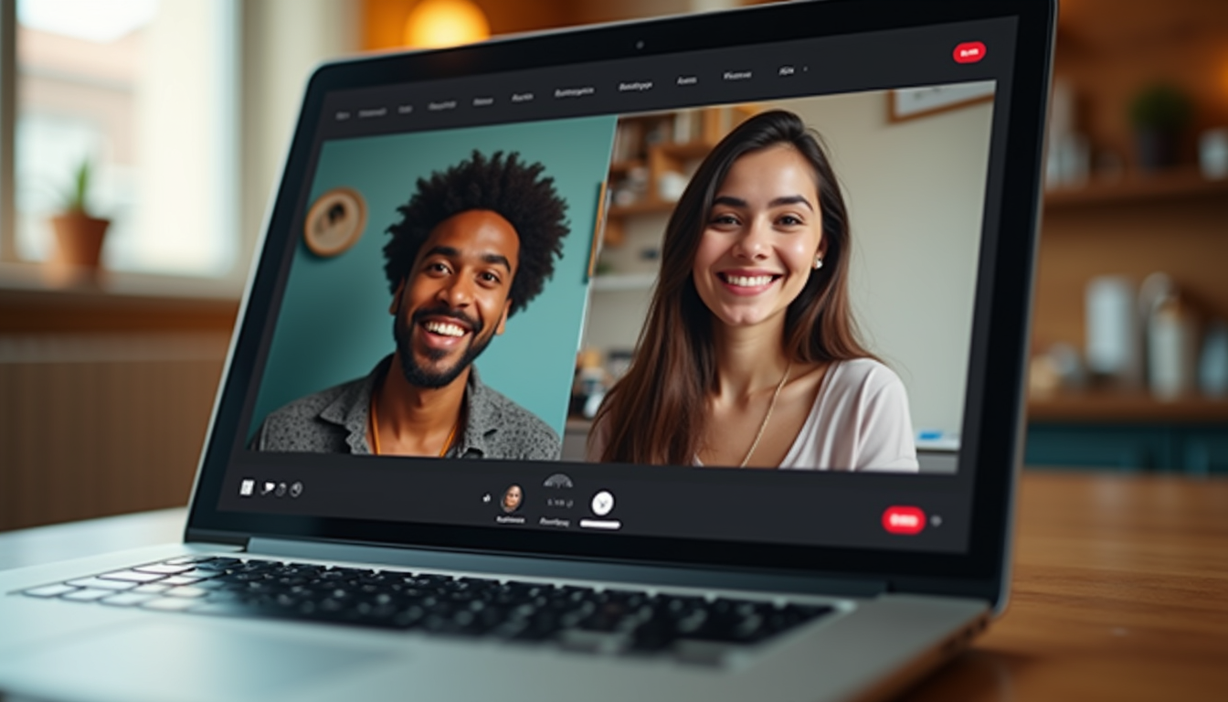Eye-level view of a laptop screen showing a video call between two language learners