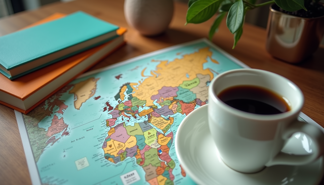 High angle view of a desk with language learning books, a map, and a cup of coffee