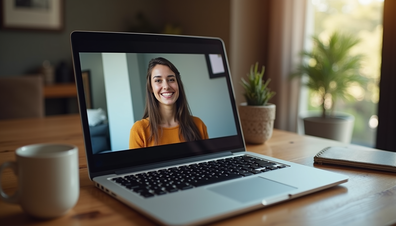 Laptop van bovenaf gezien met een videogesprek met een moedertaalspreker