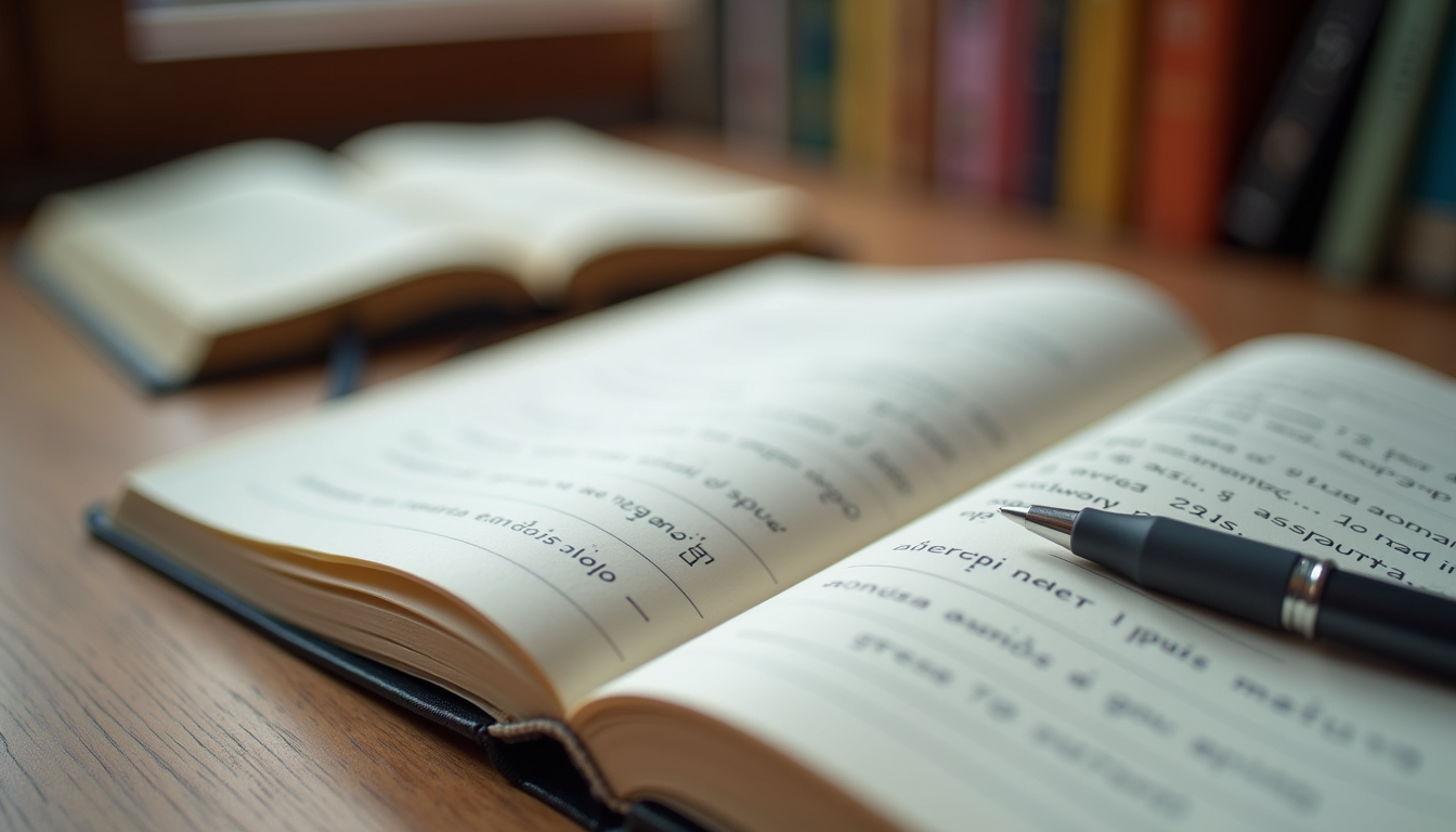 Close-up of a notebook with language notes and a pen on a wooden desk