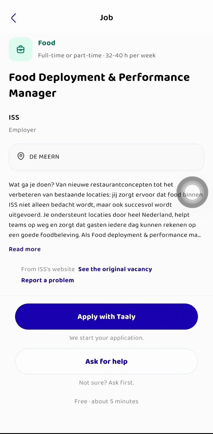 Вакансія в застосунку Taaly з кнопкою «Apply with Taaly»