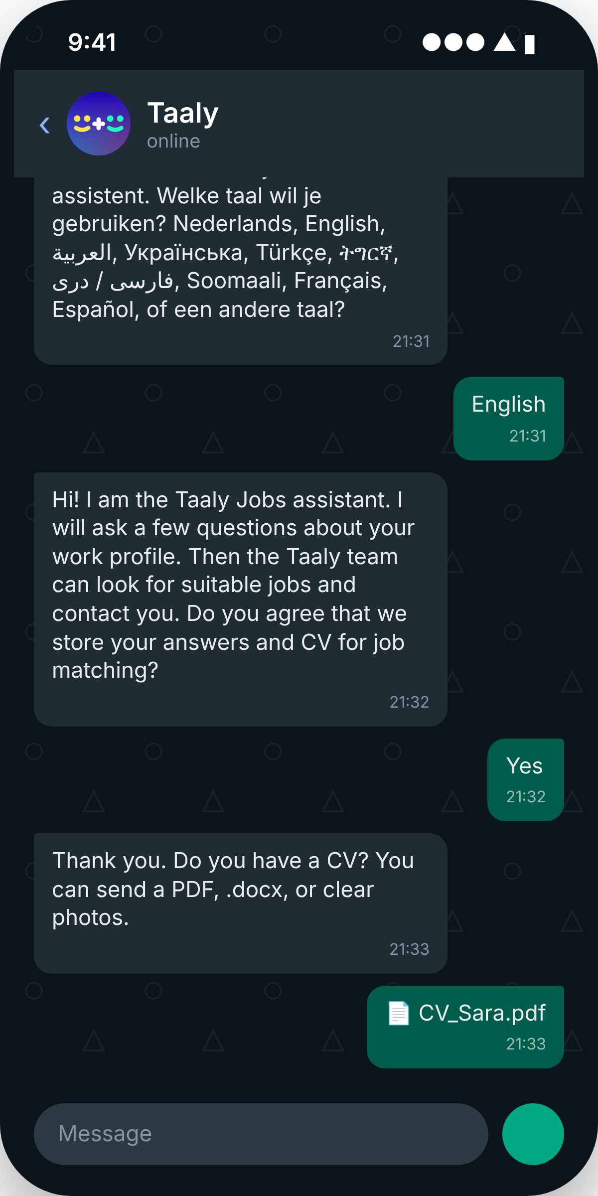 A WhatsApp conversation with the Taaly Jobs assistant