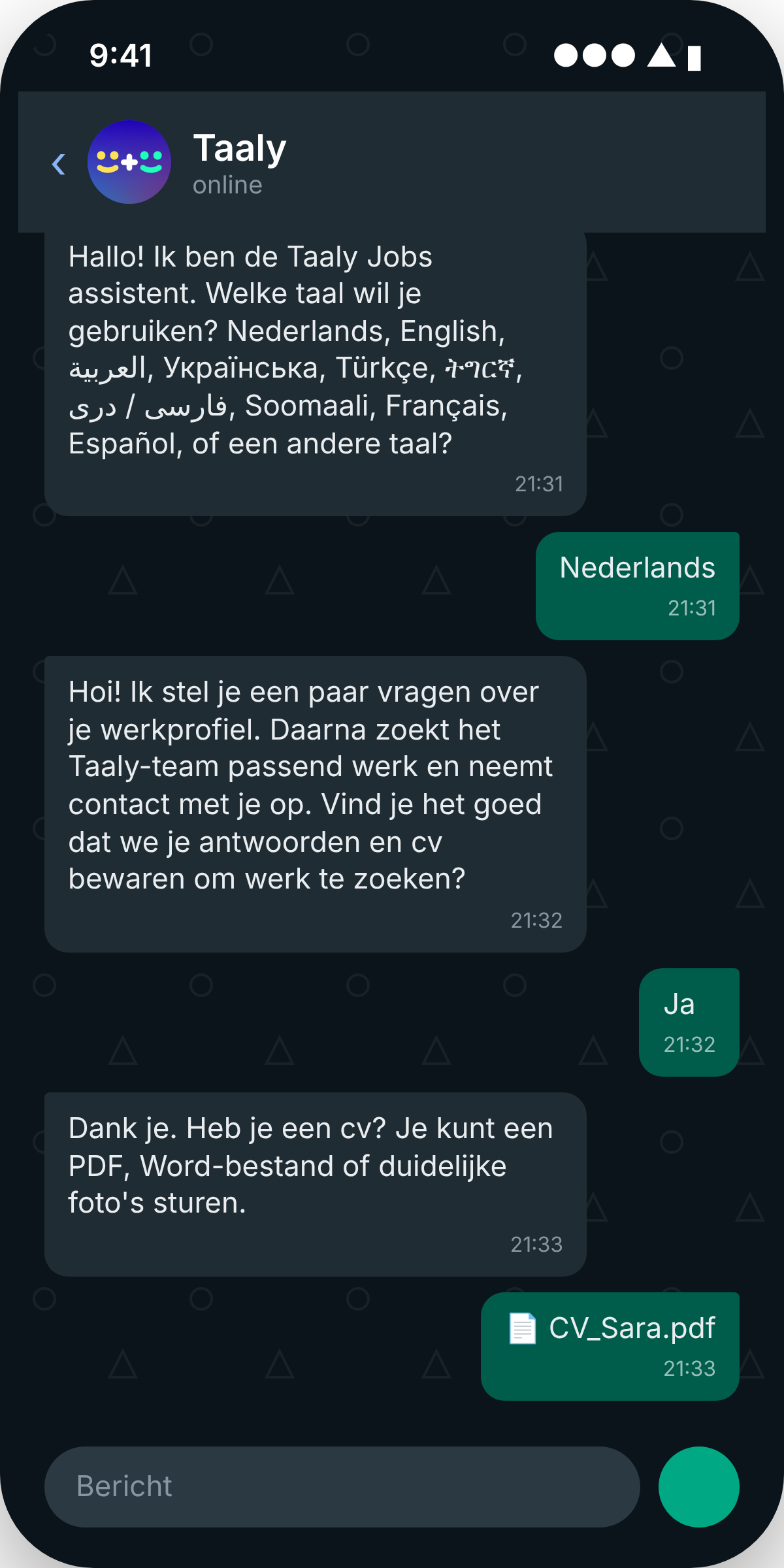 Een WhatsApp-gesprek met de Taaly Jobs-assistent